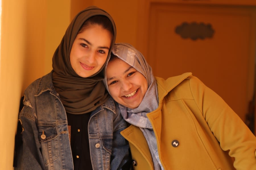 Friends Batal and Abla are living in Jordan as Syrian refugees, where they take part in education activities supported by World Vision.
