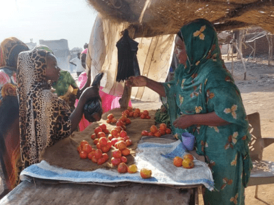 Zahra, a mother of six, who was displaced by the armed conflict in Sudan sells vegetables in Albroush market after the clean up