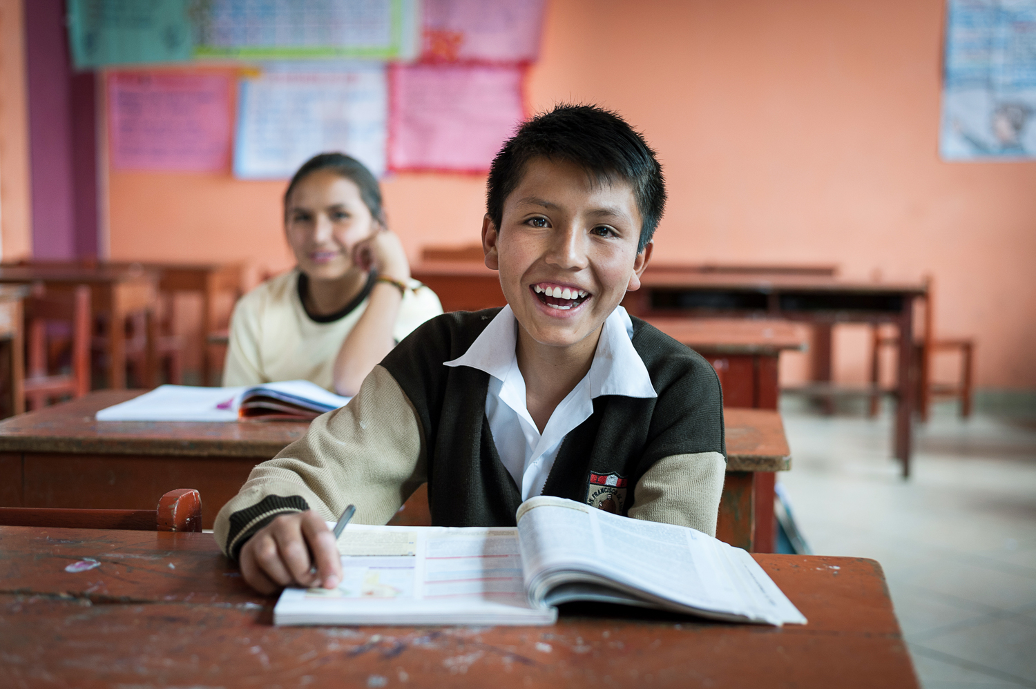 Image shows boy with textbook in school classroom