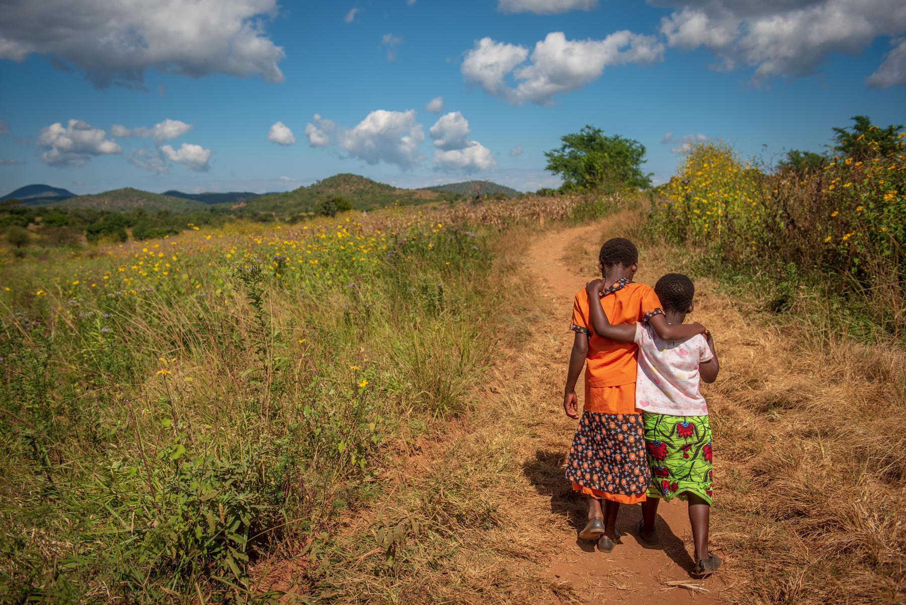 Two children walk down a road in Africa