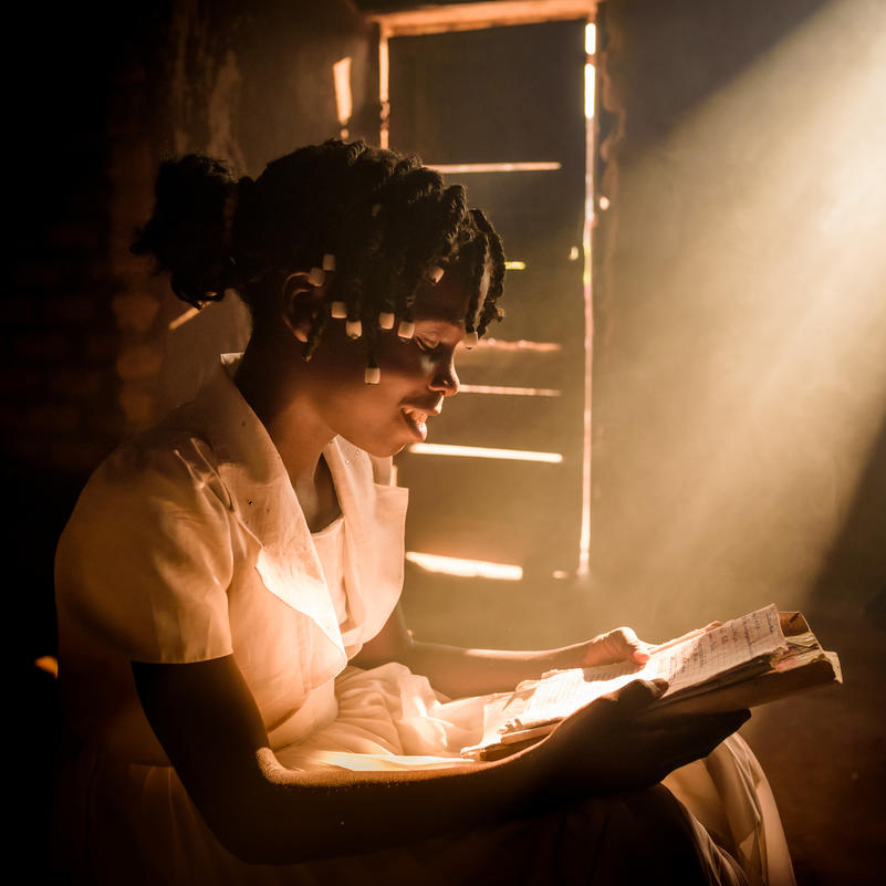 Child reading in the light filtering in
