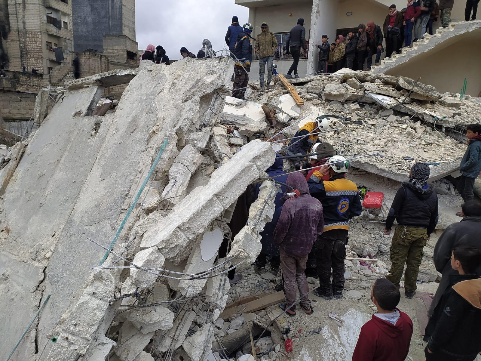 Collapsed building following earthquake in Turkey and Syria