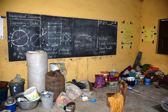 Some belongings of displaced persons seeking shelter in a school