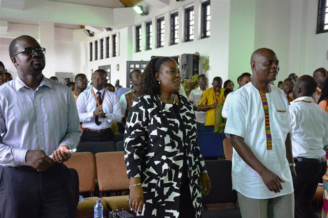 From left Baffour Otu-Boateng, Board Member, Efua Ghartey, Vice Board Chair and Dickens Thunde, National Director singing and dancing at Day of Prayer
