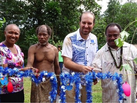 (from right to left) Makira’s Deputy Premier Hypolite Tarimae,  EU Chargé d’Affaires Pavlos Evangelidis, Community Chief, World Vision staff during the ribbon cutting ceremony to officially open use of pit latrines. 