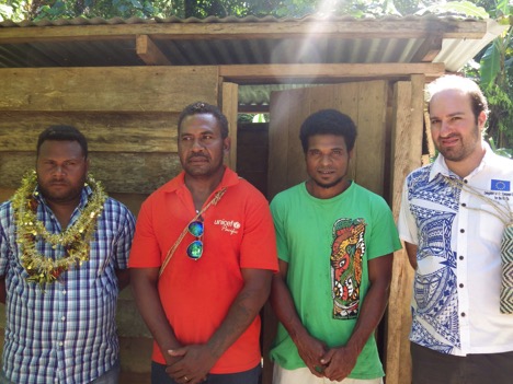 (From right to left) EU Chargé d'Affaires Pavlos Evangelidis, Chairman of WASH committee- Ra’a village, Erick Hale UNICEF National WASH officer, Paul Amao World Vision’s WASH sector Coordinator after inspecting one of the completed pit latrine.