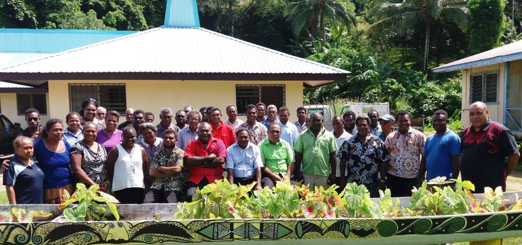 Central Province Premier Patrick Vasuni and PS Ministry of Environment Climate Change Disaster Management and Meteorology, Melchior Mataki with participants at the review of the National Disaster Risk Management Plan in Central Islands Province