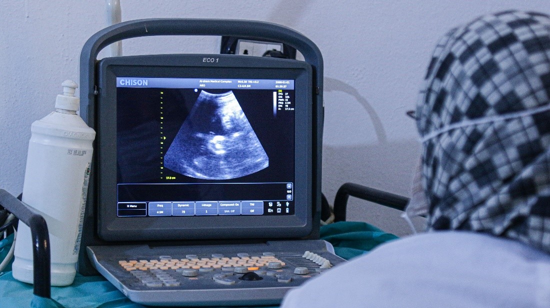 ©Al-Sham Humanitarian Foundation, World Vision Partner. Azizeh’s baby appearing on the ultrasound machine while doing periodic visits to our partner’s centre.