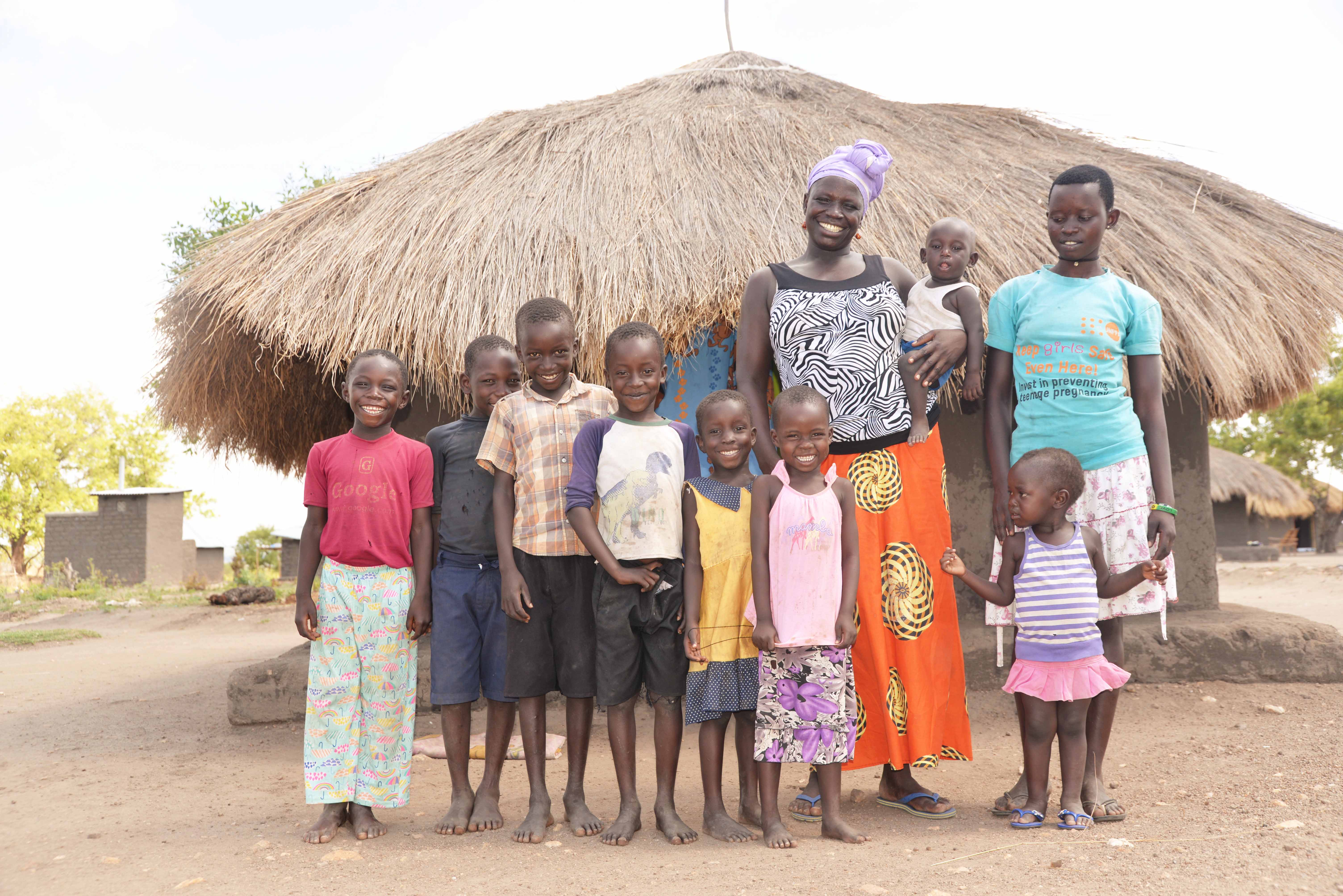 Yabang with some of her children in village 5, Imvepi settlement