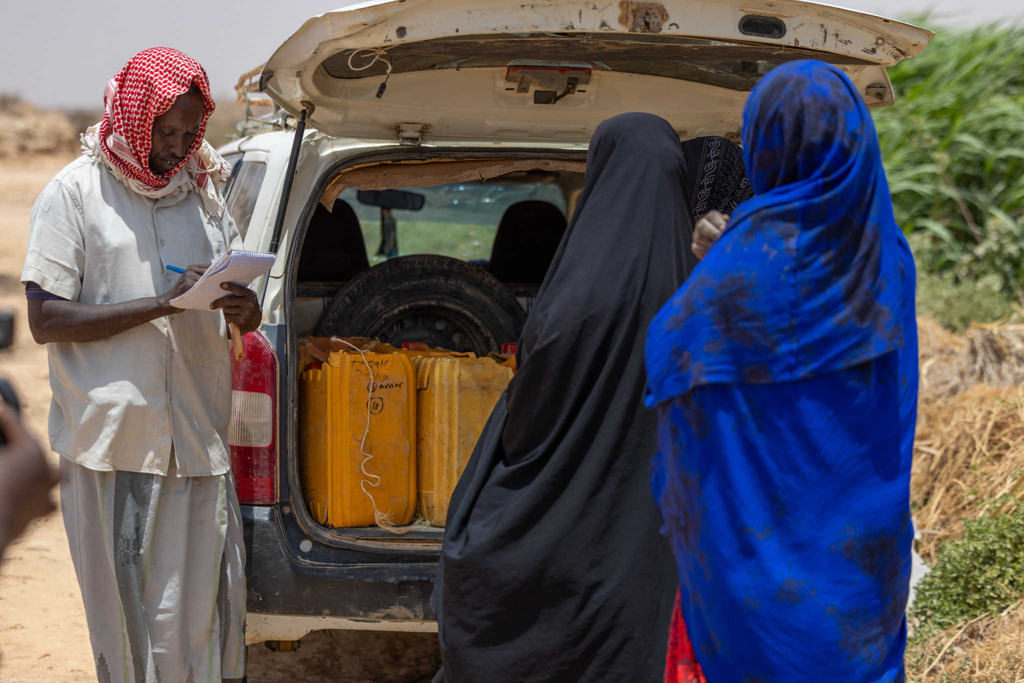 Fadumo and her farm-mates load freshly harvested tomatoes into a vehicle, preparing for their journey to the local market.