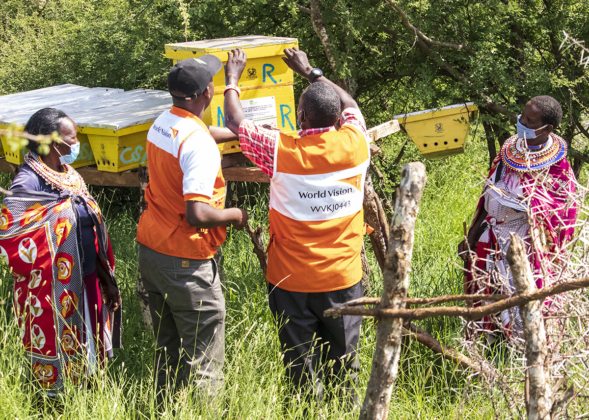 World Vision’s Fidel Wambiya, and Philip Ole molo, adjust beehives at Nashipa Ramat Group apiary as Margarete Saino and her colleague Annesia Putunoi looks on.