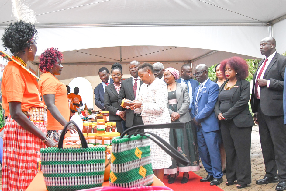 Bee farmers exhibiting their products during World Vision Kenya’s ENOUGH Campaign launch, graced by Kenya’s First Lady, H.E. Rachel Ruto, E.G.H. (holding packaged honey), in April 2024. The programme links bee farmers to market opportunities through trade fairs and exhibitions at local and international conferences