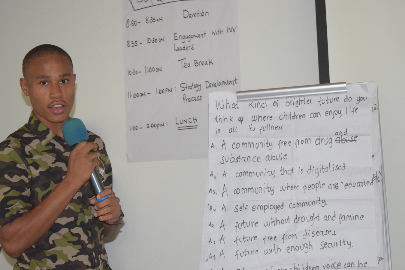 Bruno, 17, talking about the world that children need at the 2019 National Children's Forum convened annually by World Vision in Kenya. ©World Vision/Photo by Irene Sinoya