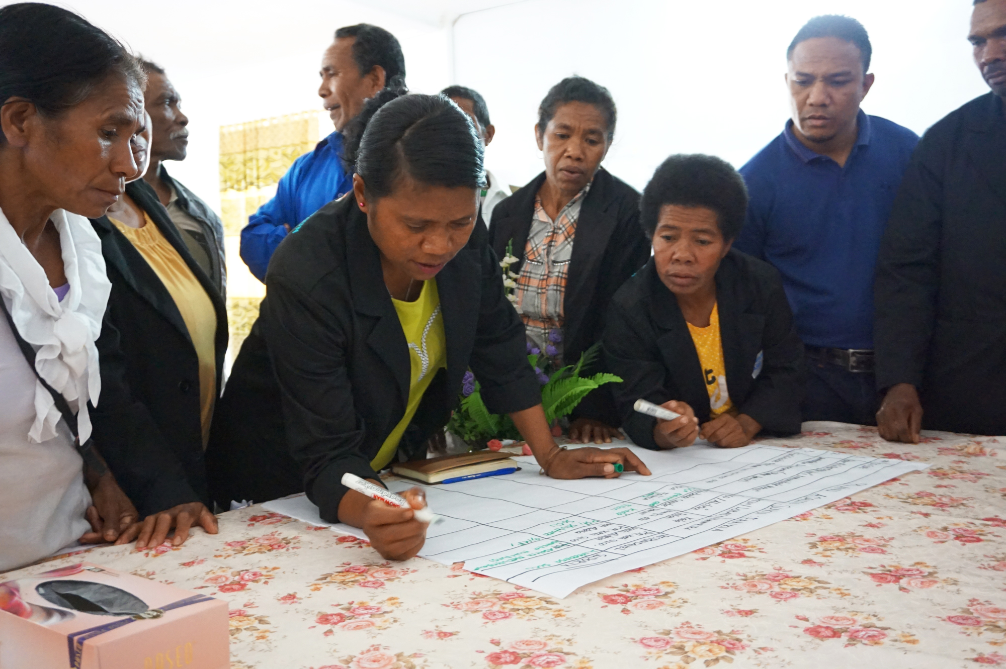 Alsina, Domingas (both holding pens) and community members made an action plan to improve health service quality in Aileu. Photo: Seung Eun Lim/World Vision