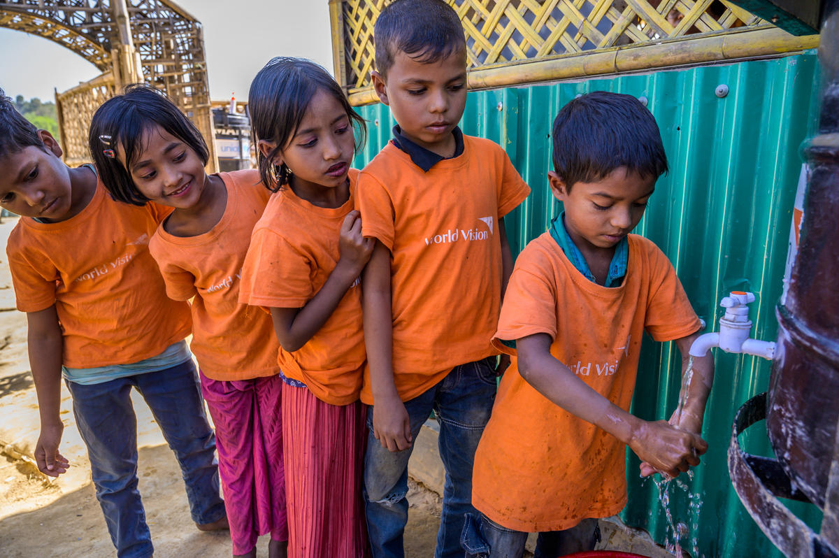 WASH Rohingya children learn about the importance of handwashing through our hygiene promotion sessions. World Vision has provided more than 300,000 refugees with water and sanitation services.