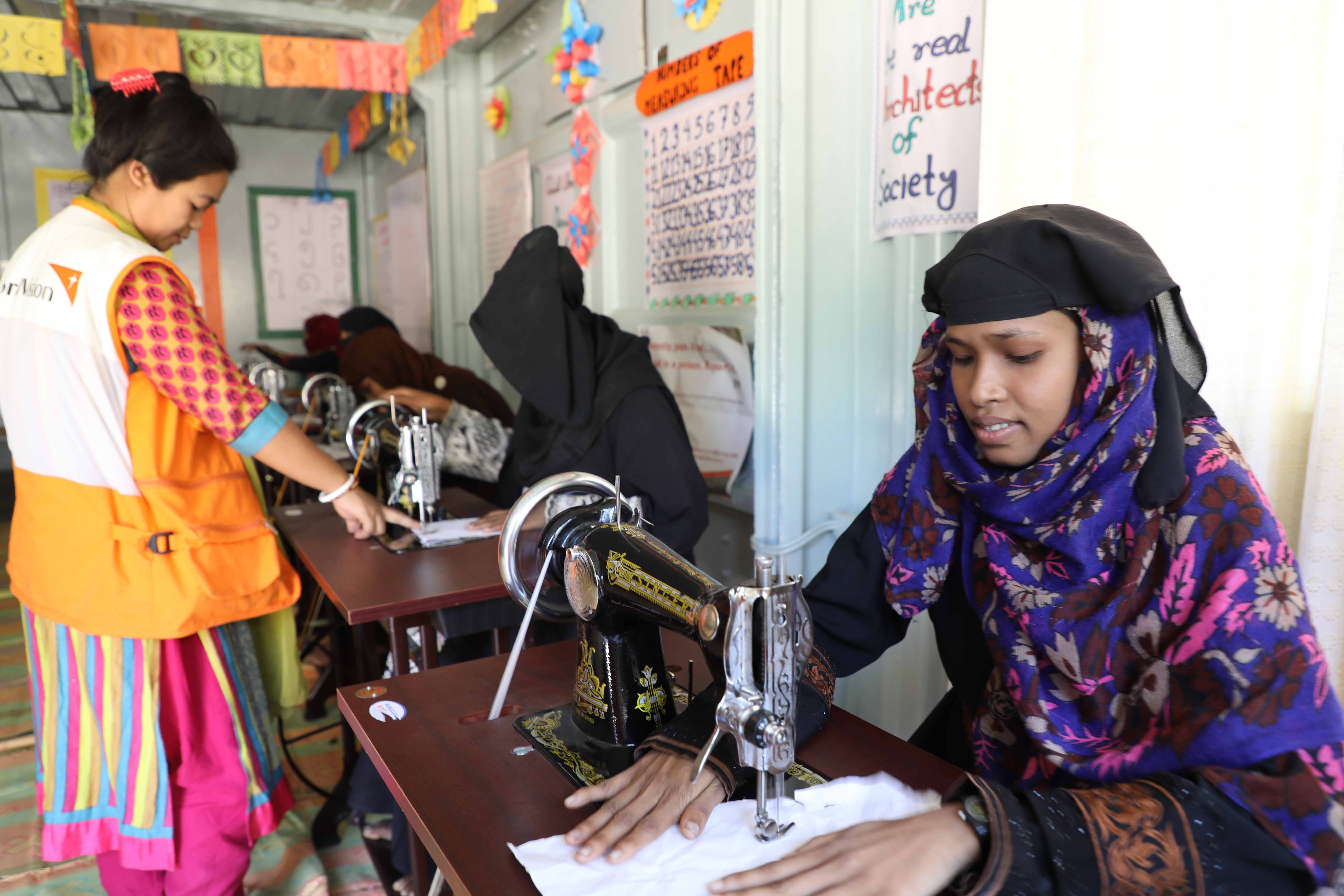 EDUCATION:  In the Rohingya culture, adolescent girls are usually restricted to their homes when they reach puberty.   However, many parents are eager to have their girls learn new skills at our training centres, such as tailoring, handicraft production and basic literacy. 