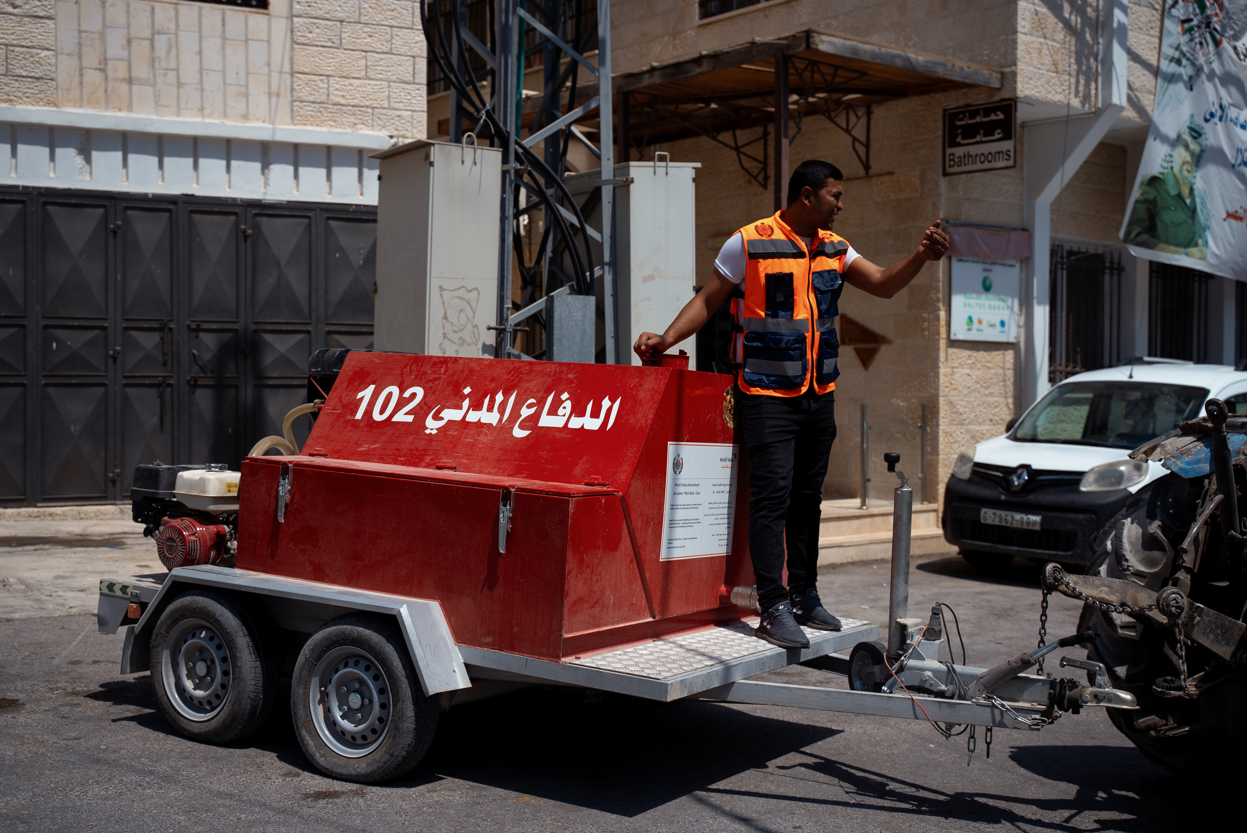 A trailer mounted fire cartridge used by volunteers in the West Bank