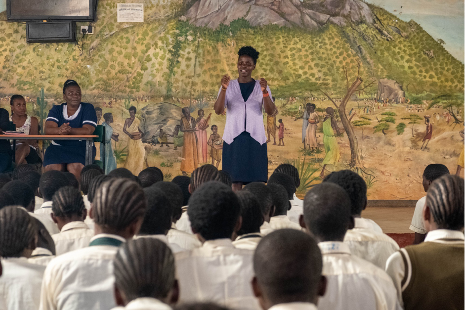 Dominica engages students at a Girls High School in West Pokot during a mentorship session organised by World Vision Kenya. 