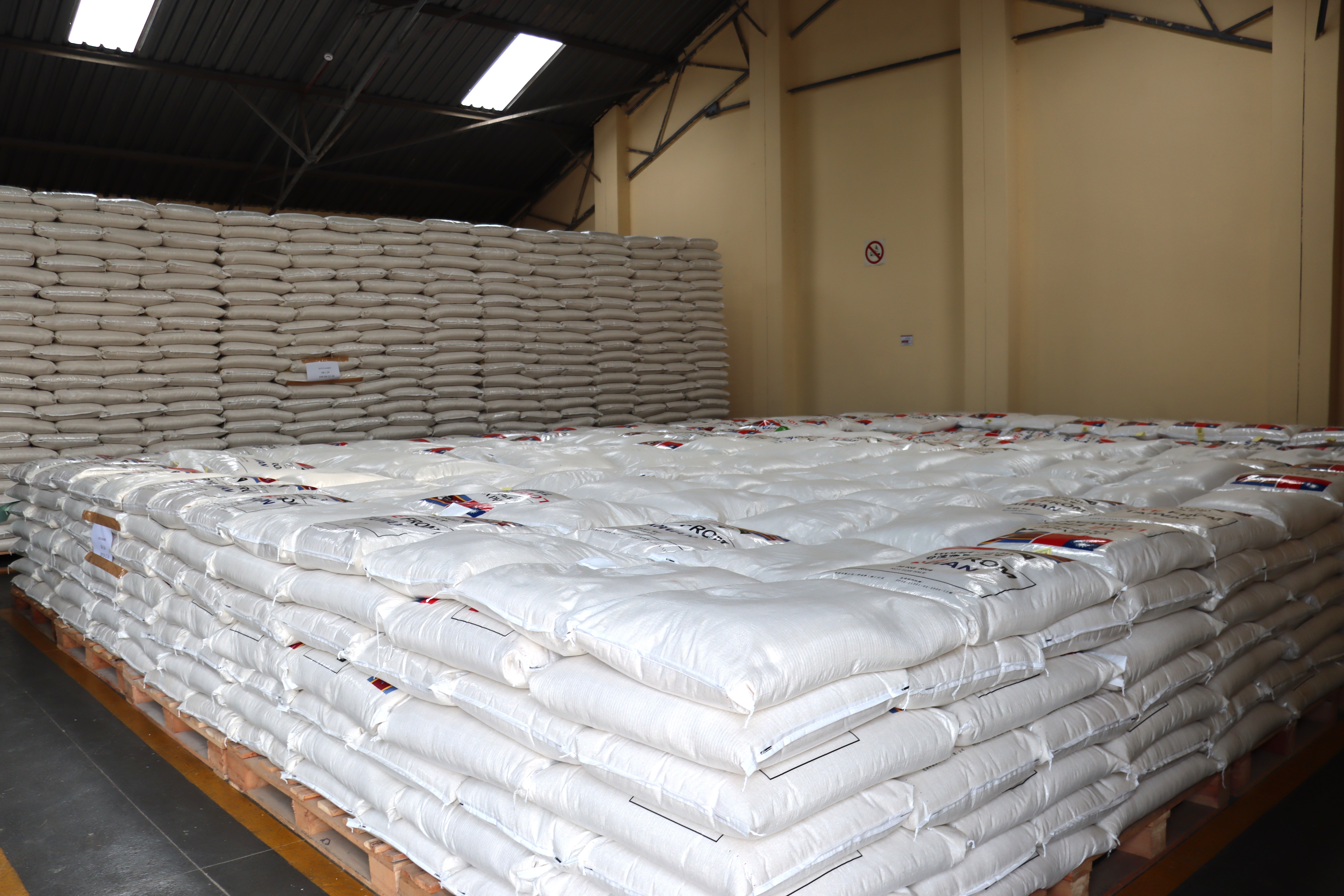 Tonnes of rice donated by World Vision Taiwan at the National Disaster Management Agency warehouse in Matsapha.