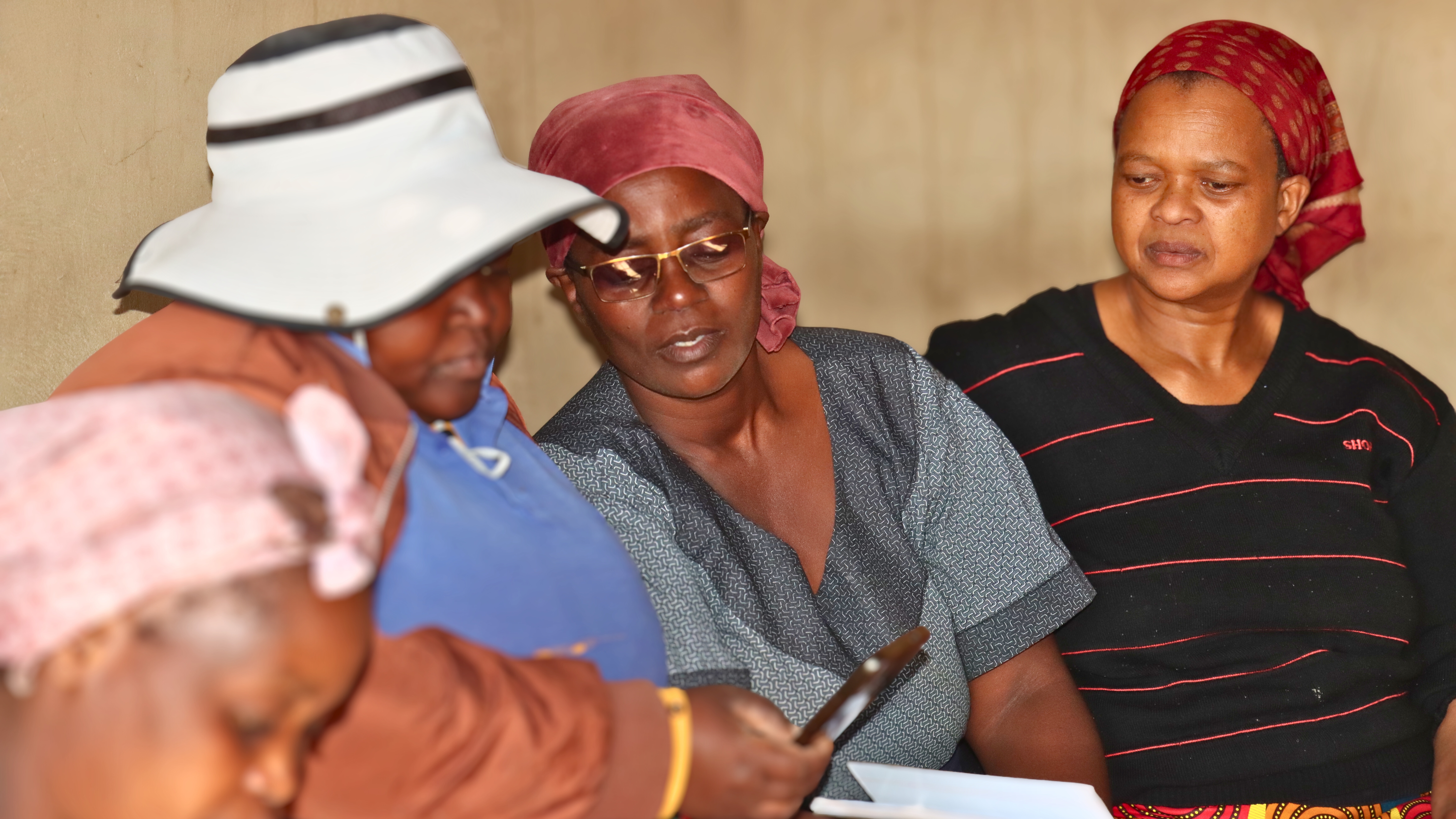 Nonhlanhla and other members of her savings group going through the DreamSave application.