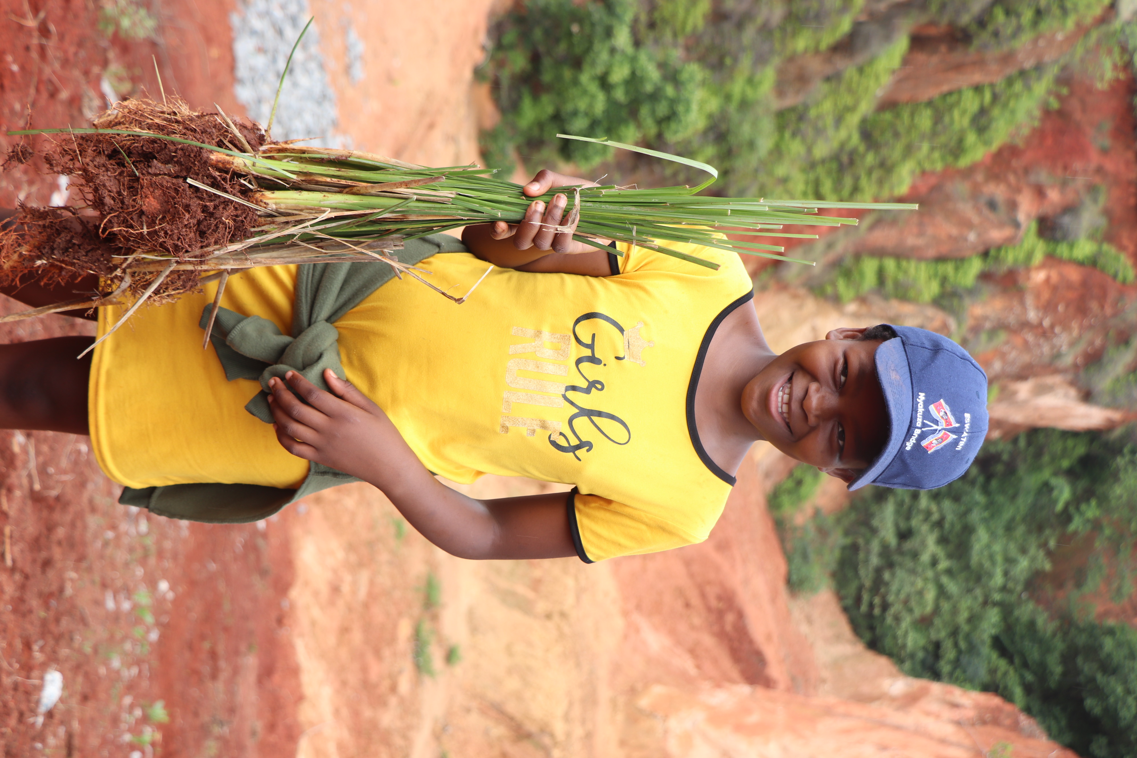 A child holding vetiver grass that is ready to be planted as part of donga rehabilitation efforts in her community. 