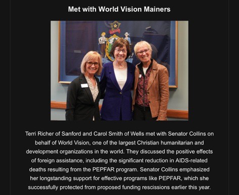 Screenshot of a newsletter with a picture of 3 women under the title "Met with World Vision Mainers"