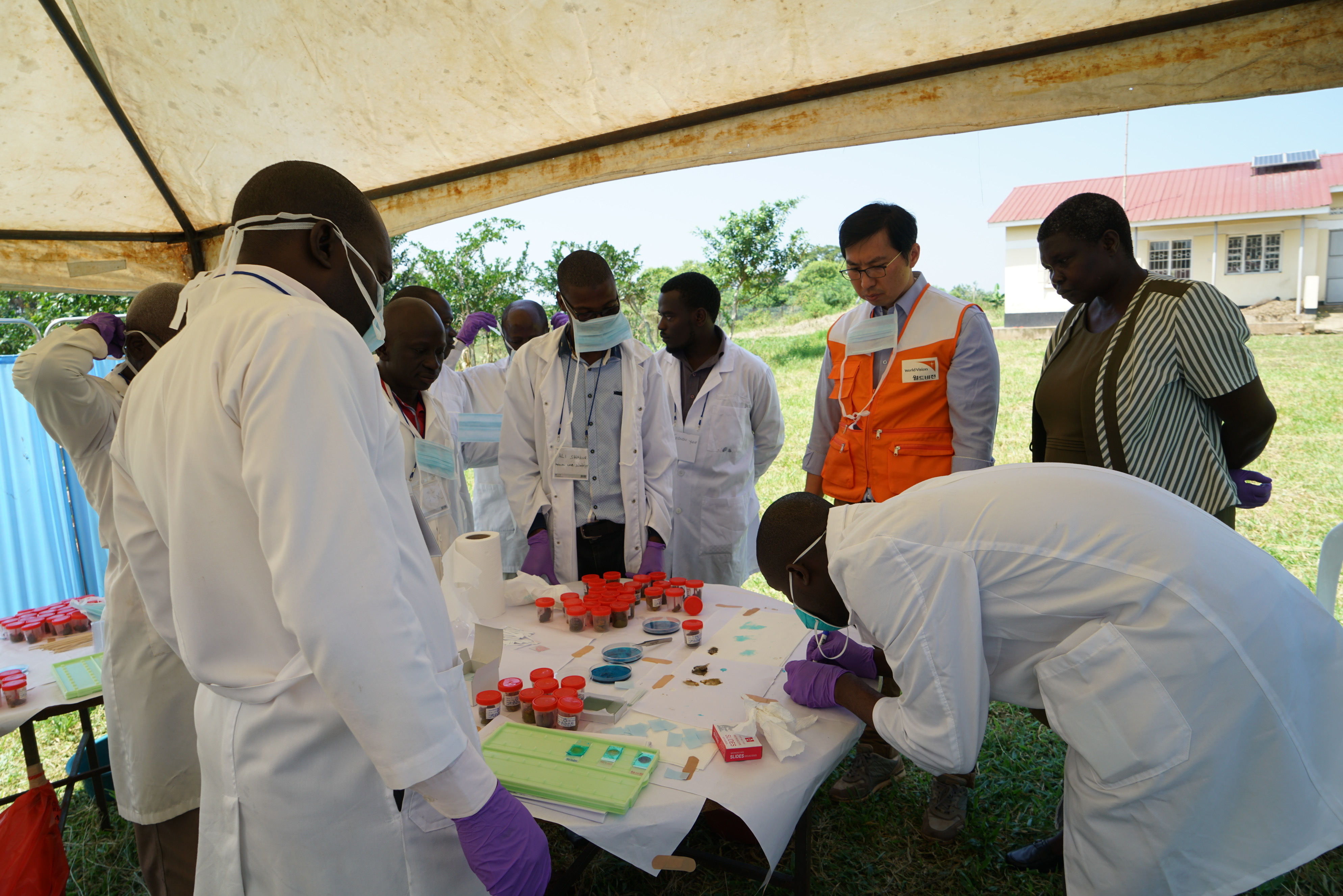 Laboratory staff stand outside around a table where they look at samples and tests.