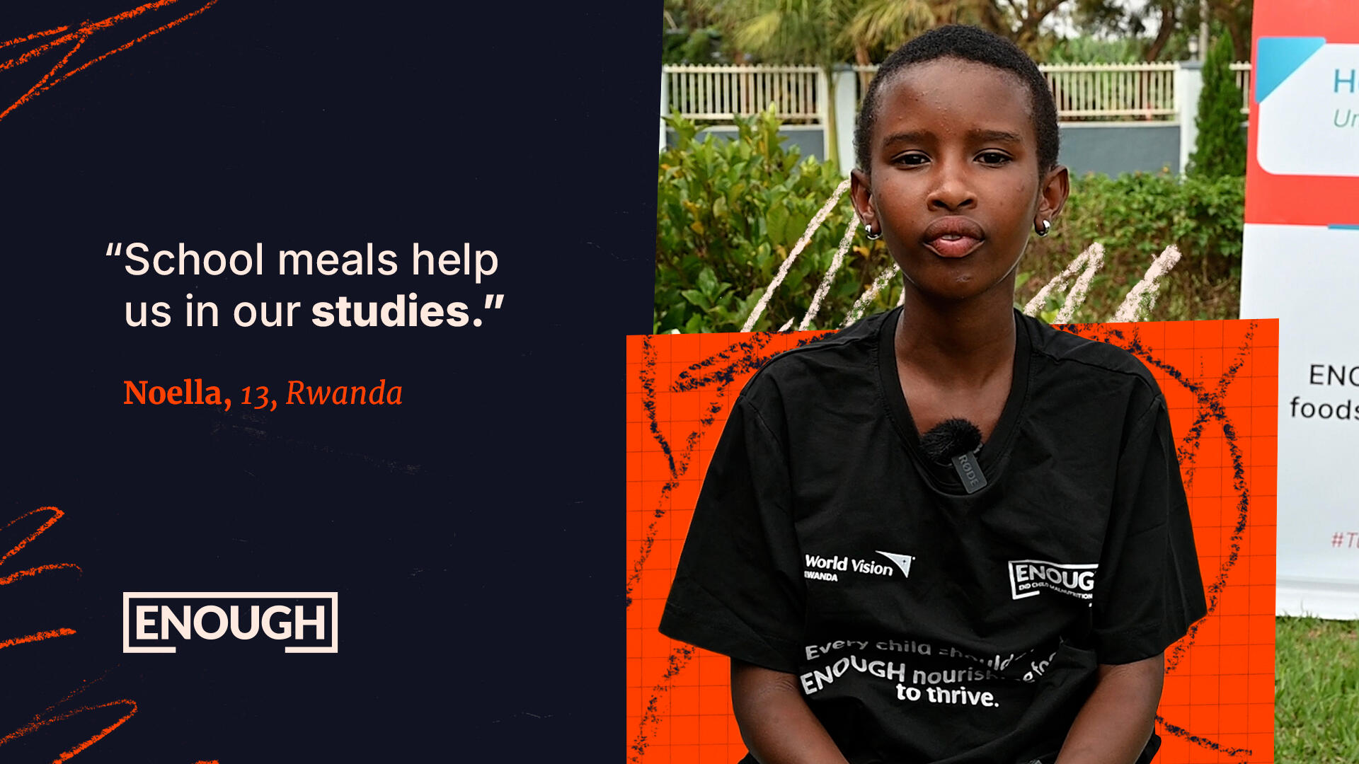 Noelle, 13, sits in a chair on the right with a graphic of her quote of "School meals help us in our studies." on the left. 