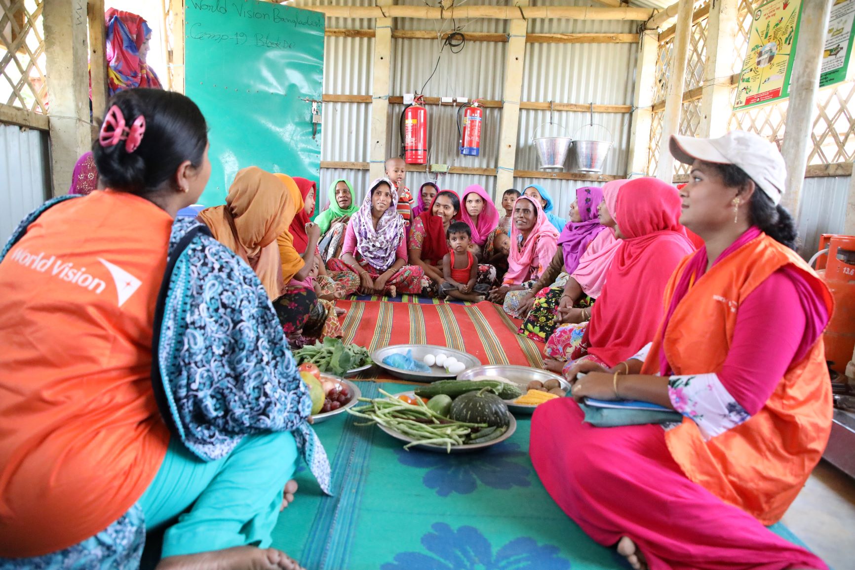 Rohingya women and adolescent girls participate in weekly classes on basic nutrition, health and hygiene practices, and kitchen gardening.