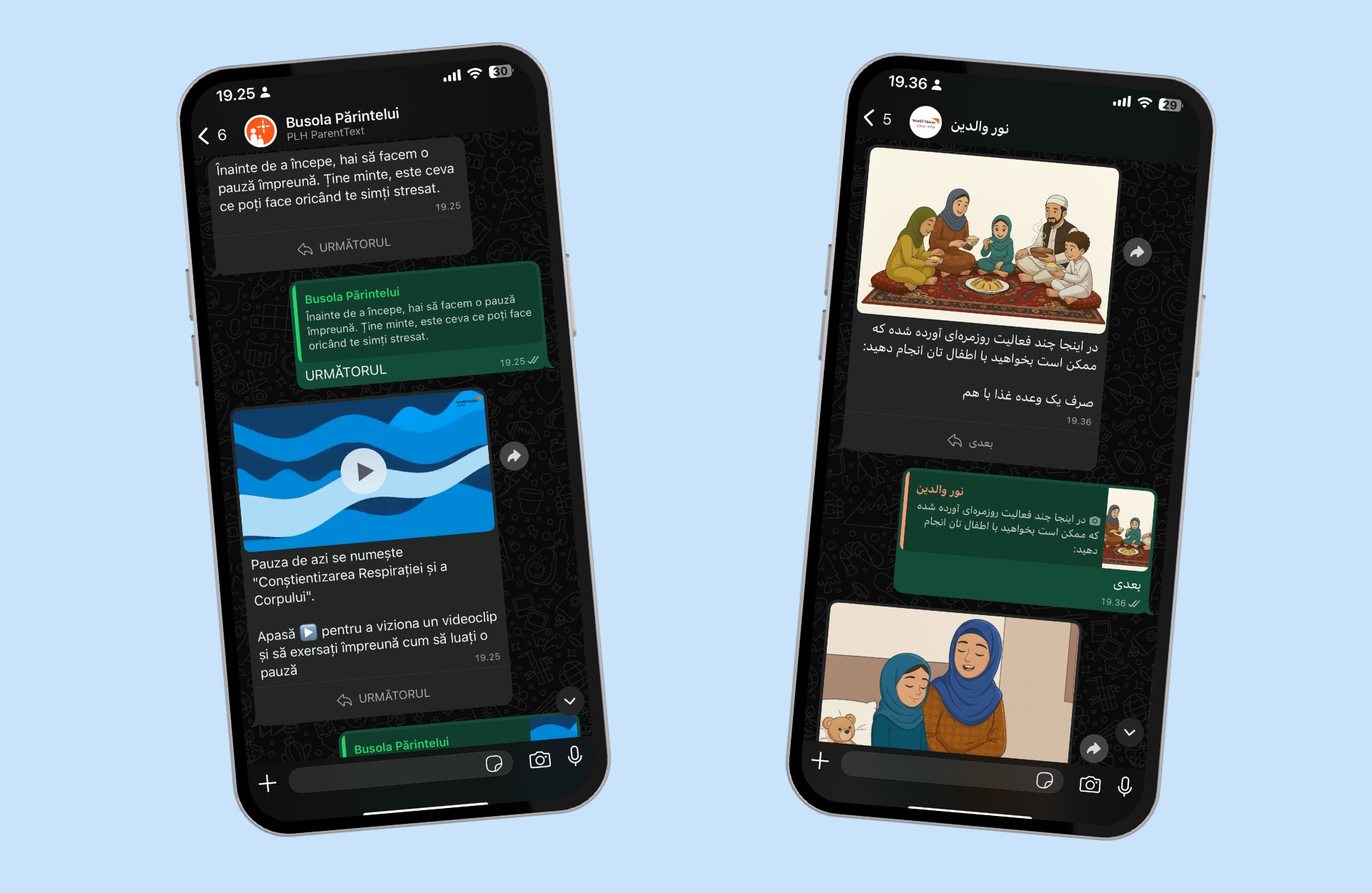 A mockup of two phones with screenshots of the chatbot in use.