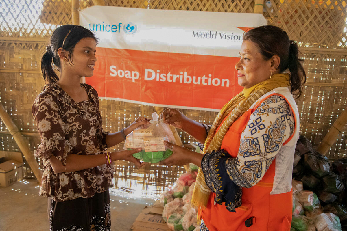 World Vision distributes soap to Rohingya refugees to help prevent COVID-19.