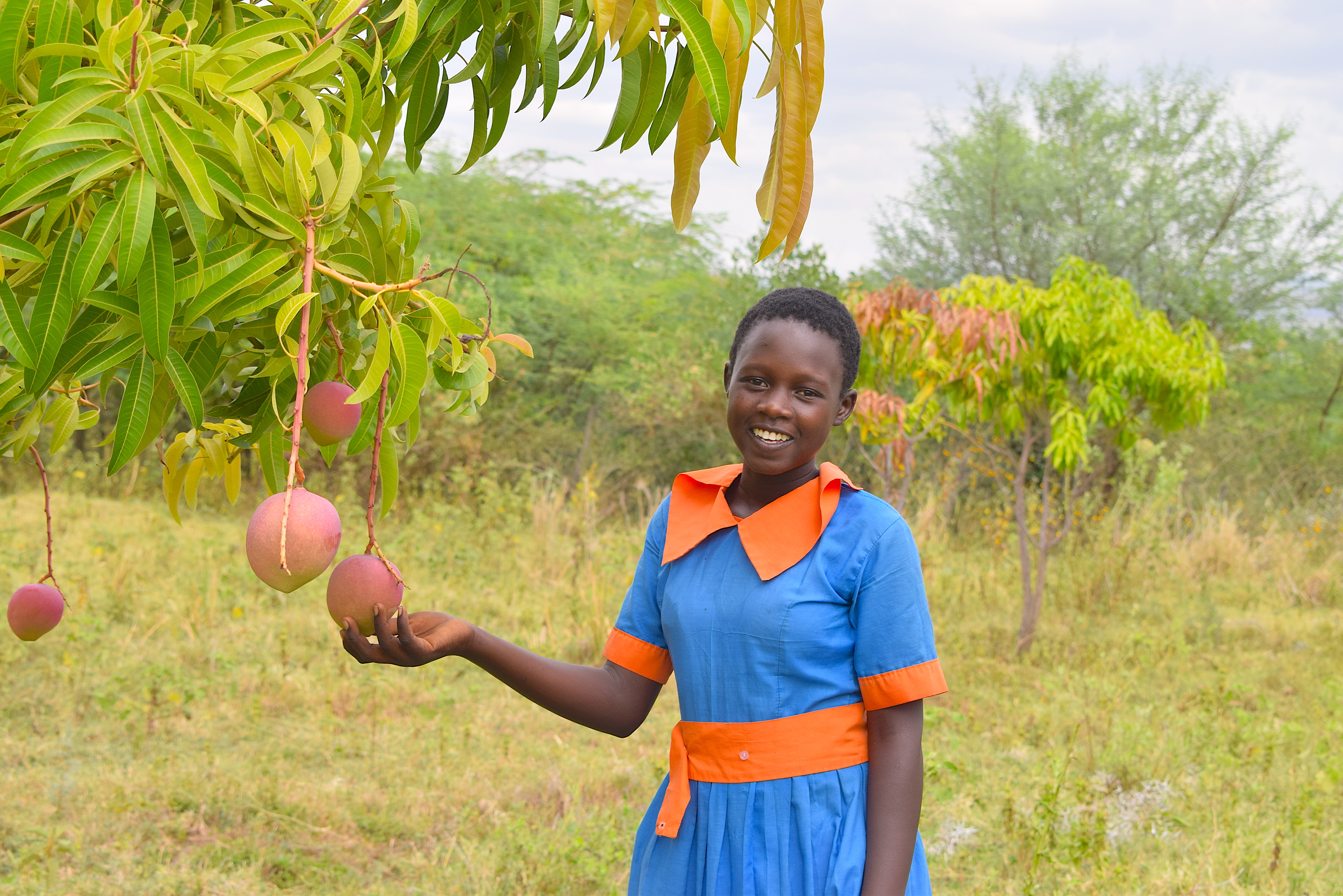 A child with fruit hanging on a tree