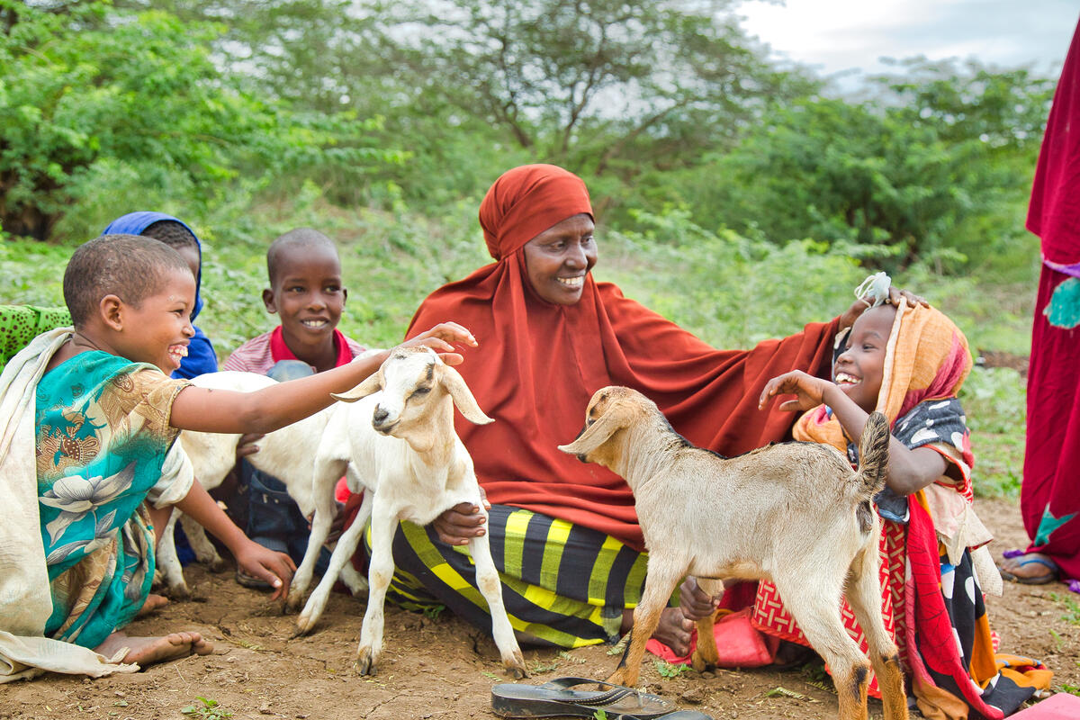 Halima, another beneficiary of the project at home, showing her growing herd of goats. Her children (from left to right) Fatuma, Roka and Zeinas are all smiles.