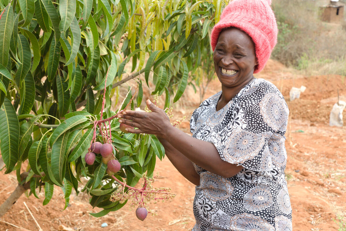 Victoria is proud of her fruit trees , which thanks to climate-smart agricultural training and sponsorship, are growing abundantly despite worsening drought and an intensifying hunger crisis.