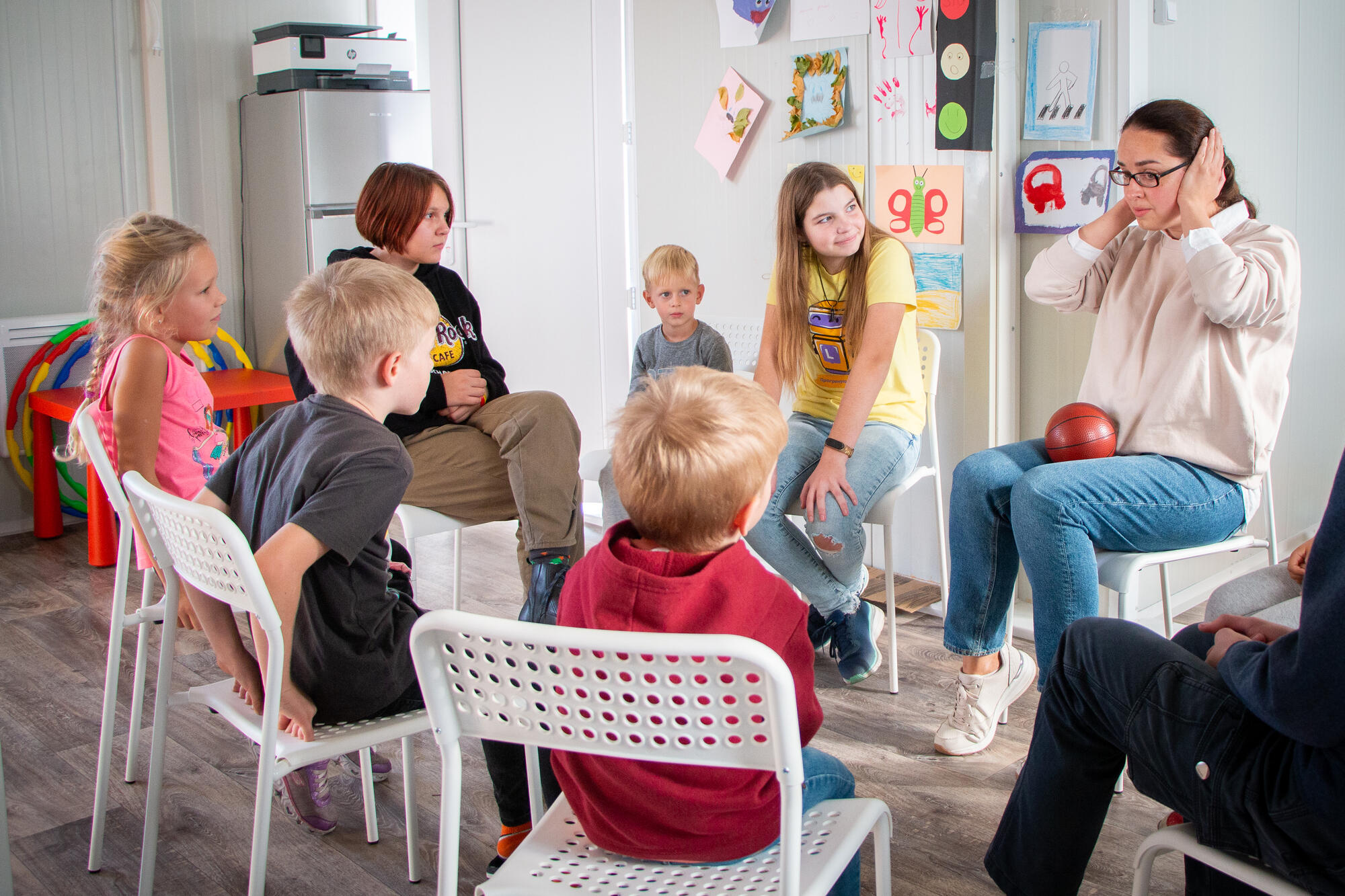 Marina with her students at the Child-friendly space.