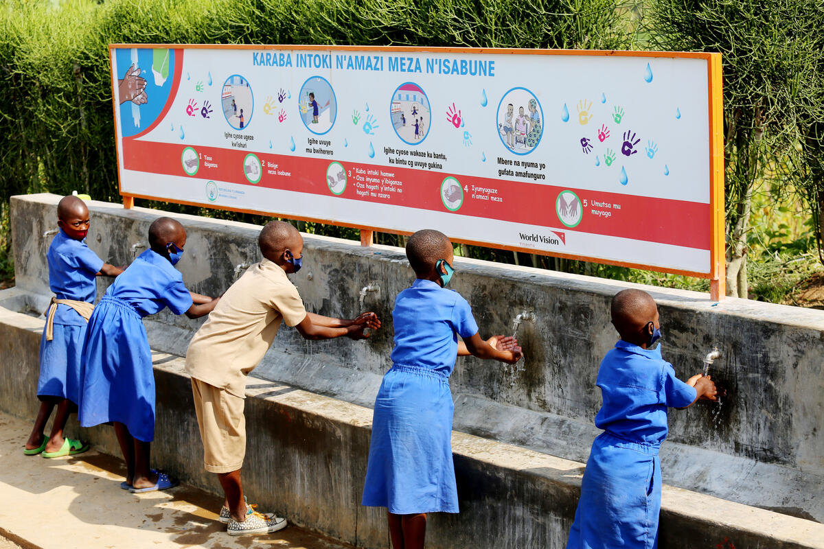 children using washing station