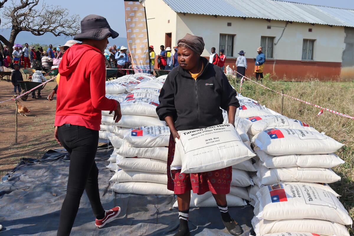 Sacks of rice are handed out in Eswatini