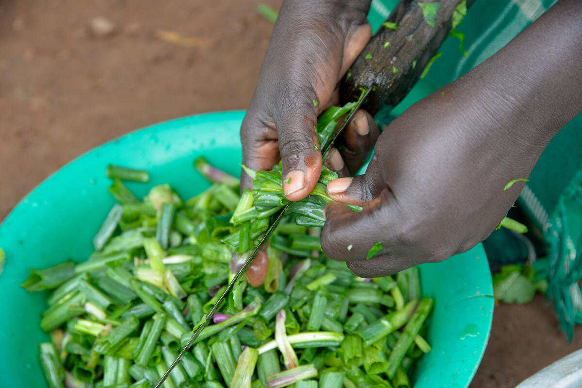 Maria cuts up onions for her family's lunch