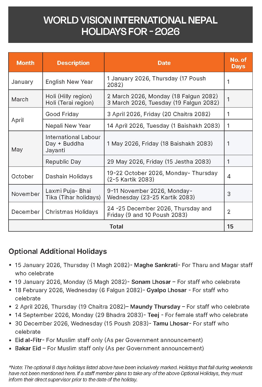 World Vision's 2026 Holiday List