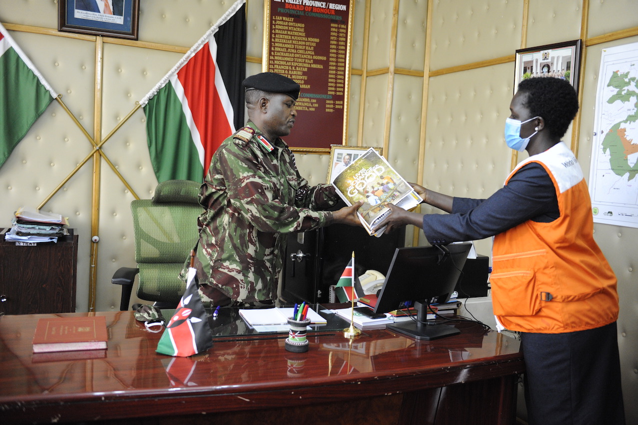 Catherine Timbomei, World Vision Regional Manager pays a courtesy call to George Natembeya the Rift Valley Regional Commissioner. He is incharge of the police force that plays a key role in enforcing child protection laws. ©World Vision Photo/Dickson Kahindi.