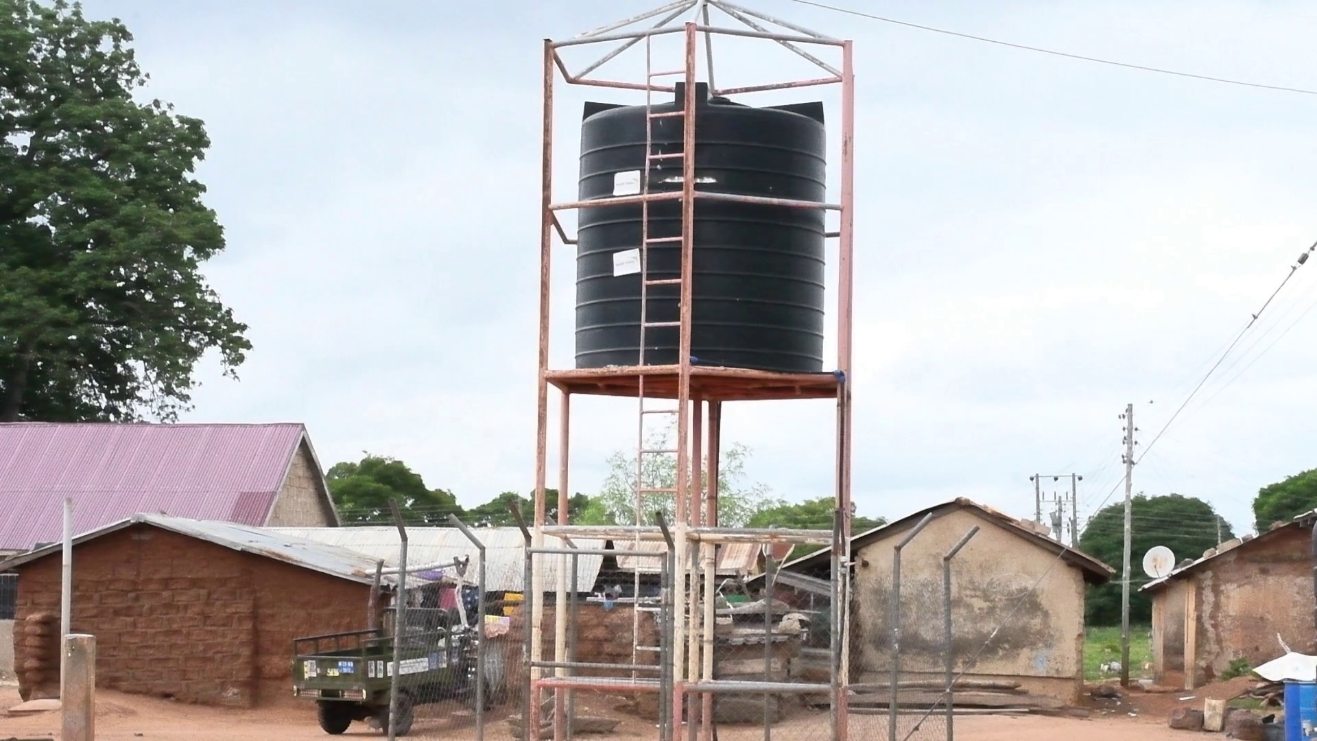 One of the overhead water tanks that stores safe water for the communities. tioned in 