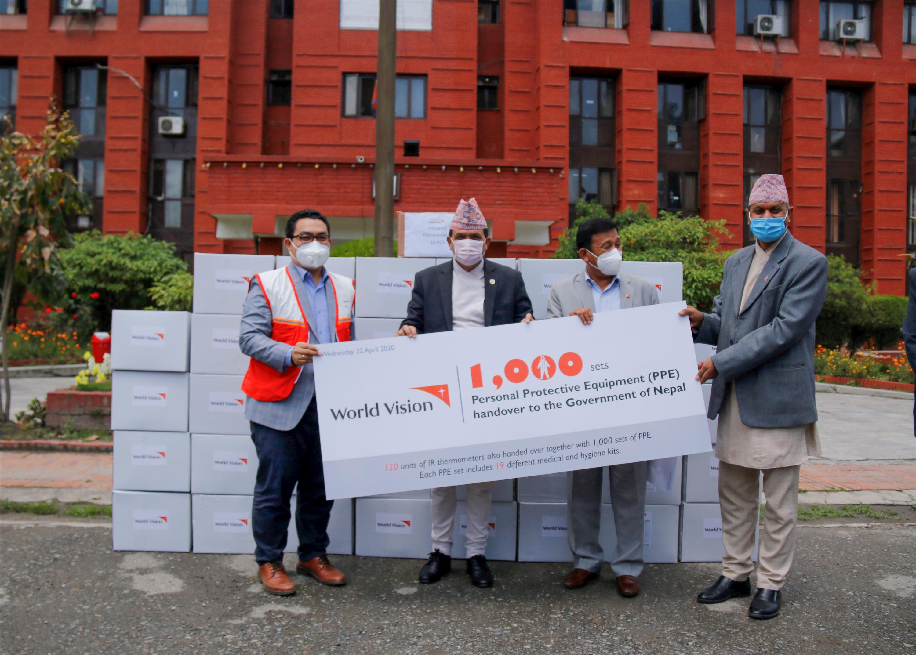 World Vision International Nepal supported 1,000 Personal Protective Equipment (PPE) and 120 IR thermometers to the Government of Nepal