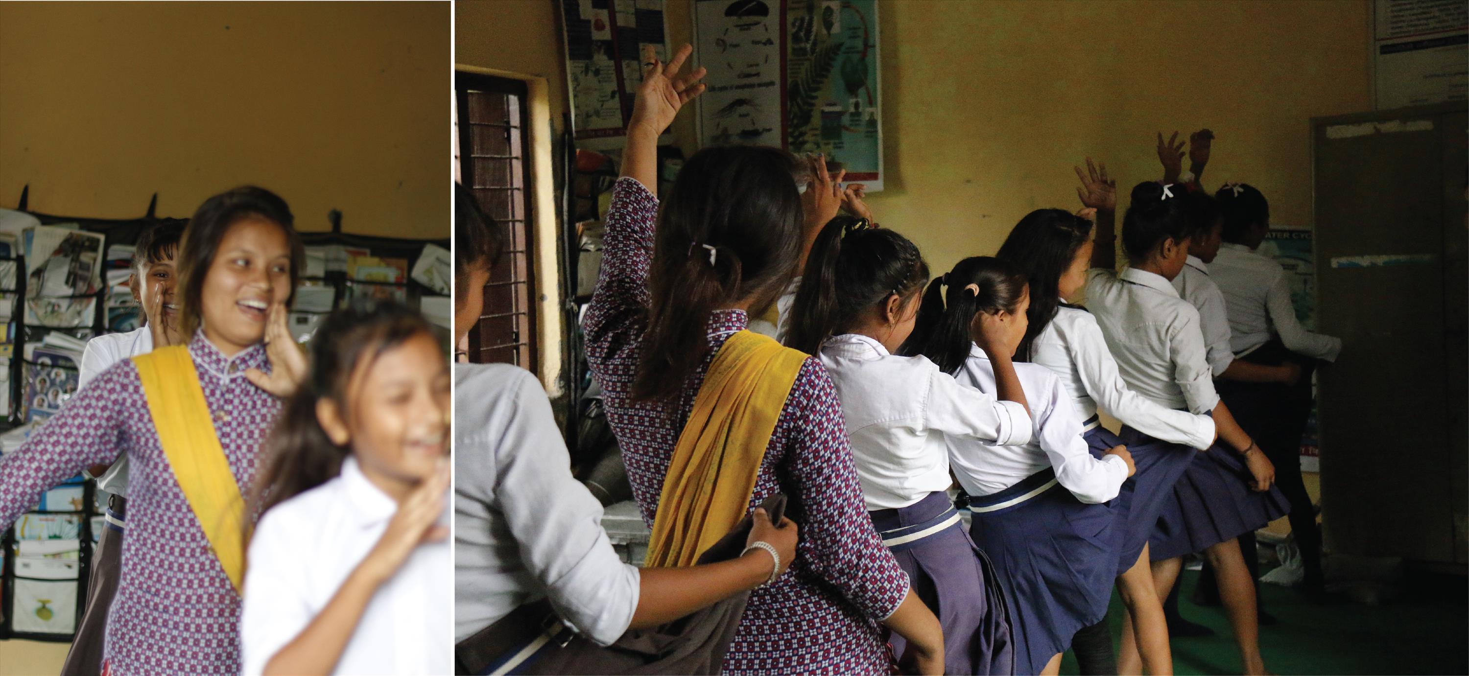 Girl students of the school participate in a dance with Prabha