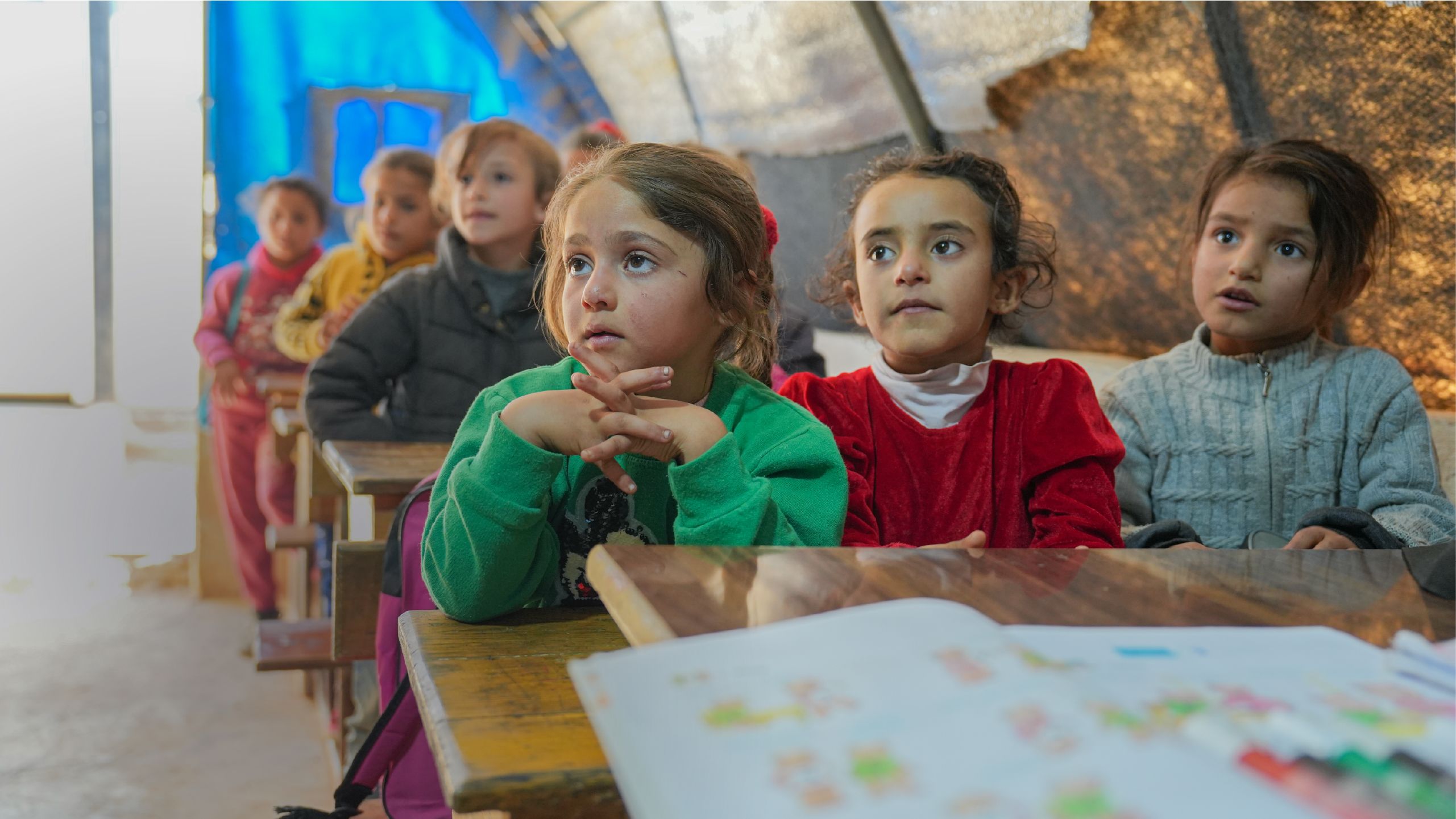 Refugee children in school classroom in Syria