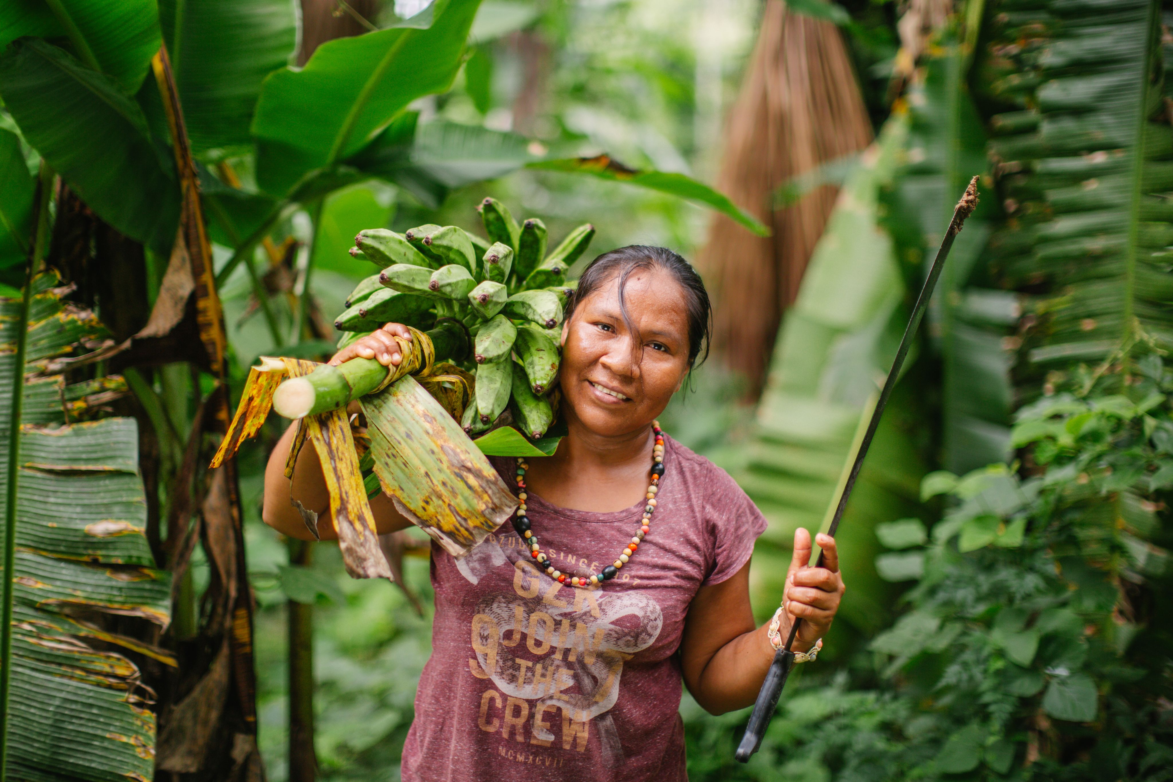Woman carries bananas