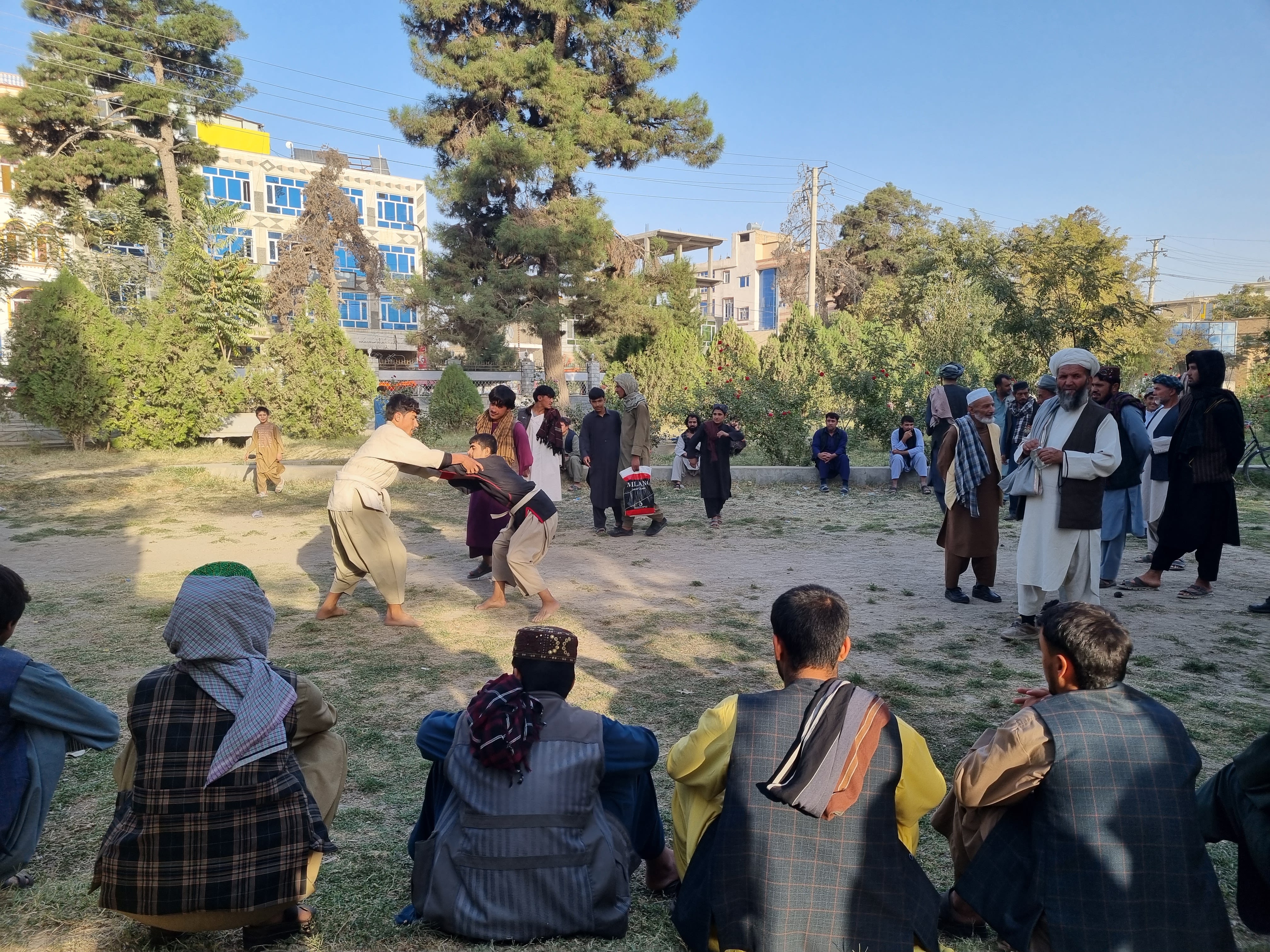 Two teenage boys participate in traditional wrestling in a green, tree-covered park.