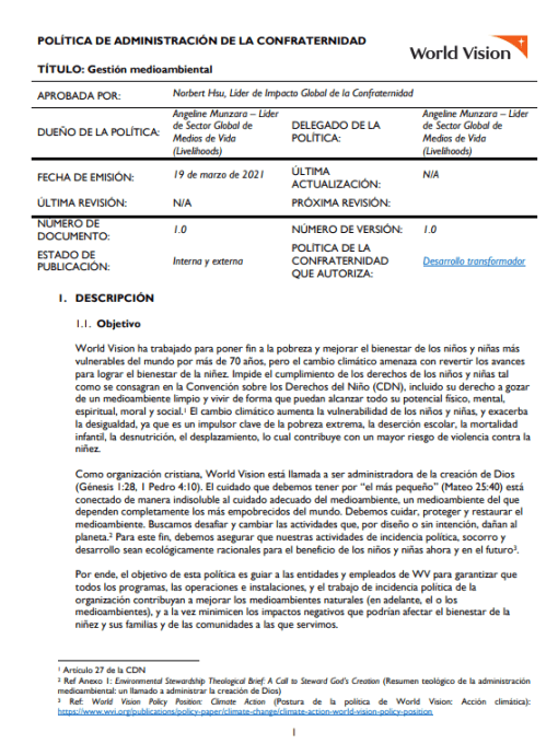 Enviornmental Stewardship Policy Cover Spanish