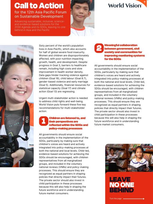 World Vision’s Call to Action for the 12th Asia Pacific Forum on Sustainable Development