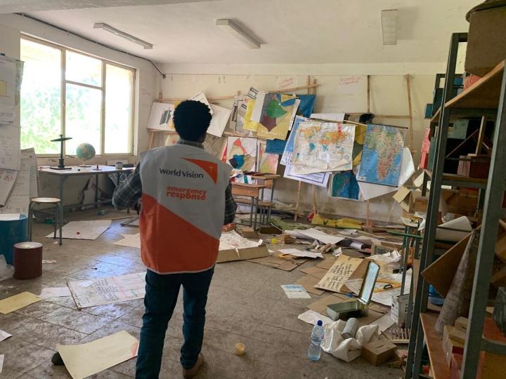 World Vision staff inside damanged school in Tigray