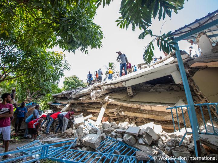 Collapsed building in Haiti following 7.2 earthquake